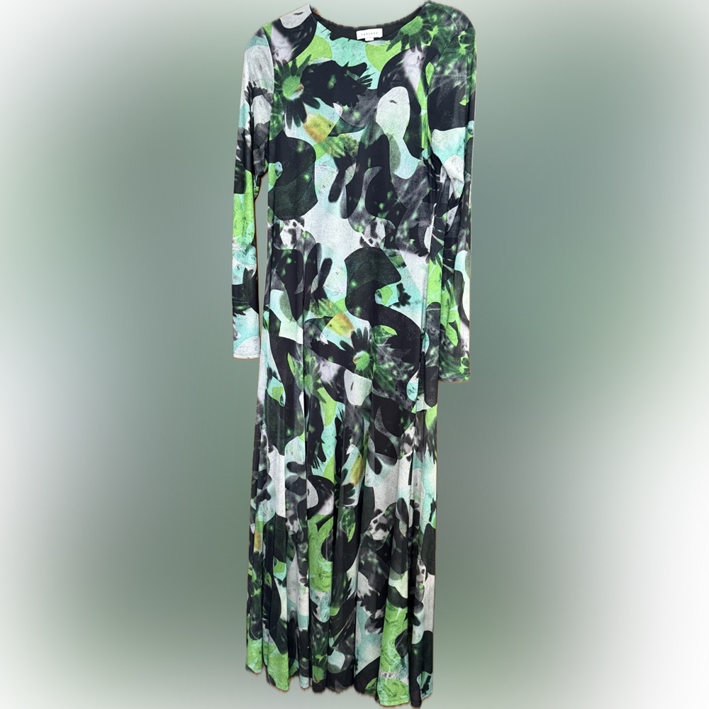 Topshop Abstract Print Long Sleeve Mesh Green and Black Maxi Dress Whimsigoth - Picture 3 of 6